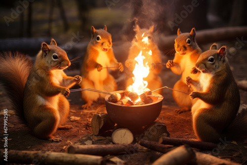 Squirrels roasting marshmallows in a campfire