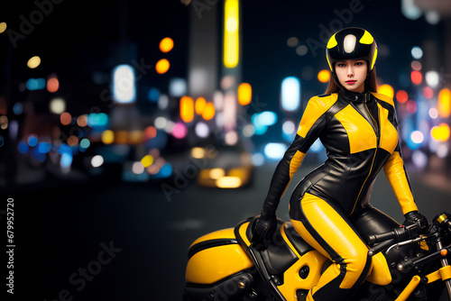 Caucasian woman riding motorcycle dressed in yellow leather suit surrounded by lights of metropolis bokeh, Generative IA