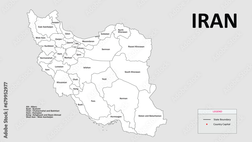 Iran Map. Iran Political Map with capital Tehran, national borders, most important cities and lakes. English labeling and scaling. Illustration.