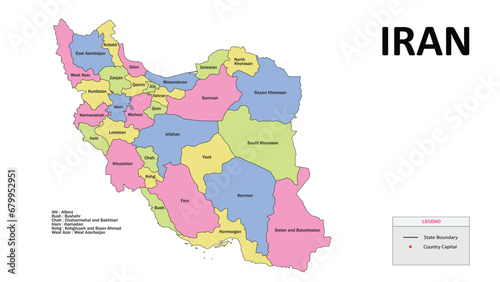 Iran Map. Iran Political Map with capital Tehran, national borders, most important cities and lakes. English labeling and scaling. Illustration.