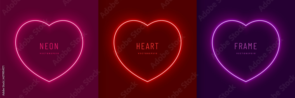 Set of neon lighting heart shape frame design on red, pink and purple background. Elements valentine day festival design. Collection of vector geometric backdrop for product display in top view scene.
