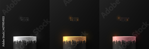 Set of 3d black cylinder podium background with melting silver, gold, pink gold color. Abstract studio room. Luxury minimal scene. Vector rendering geometric platform. Product display presentation.