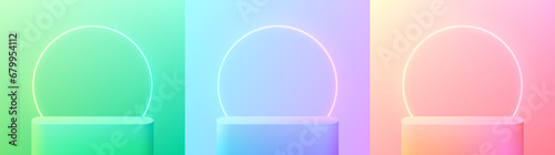 Set of 3D background with green, blue-pink and red-yellow round corner stand podium pedestal with neon ring scene. Vector geometric platform. Mockup product display. Minimal wall scene. Stage showcase photo