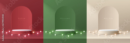 Set of 3D background red, cream  and green realistic cylinder podium with neon light bulb and arch shape backdrop. Mockup product display. Mery christmas, New year minimal wall scene. Stage showcase.