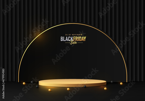Abstract realistic 3D golden cylinder podium pedestal with black semi-circle backdrop. Luxury black friday sale scene for product display presentation. Vector geometric rendering platform design.