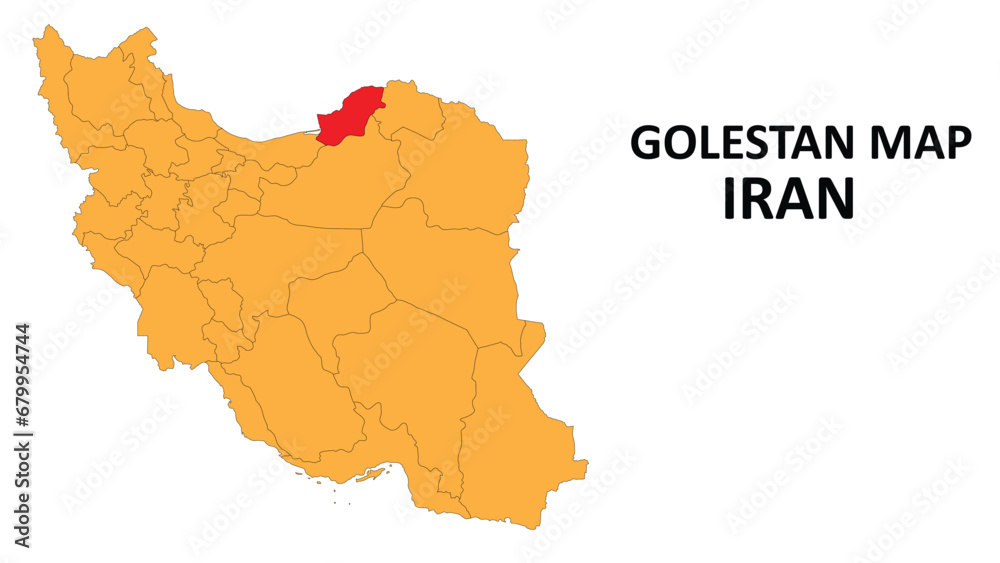 Obraz premium Iran Map. Golestan Map highlighted on the Iran map with detailed state and region outlines.