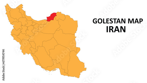 Iran Map. Golestan Map highlighted on the Iran map with detailed state and region outlines.