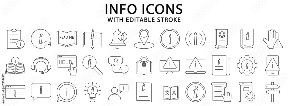 Info icons. Info icon set. Info line icons. Set icon about info. Vector illustration. Editable stroke. Info icons. Info icon set. Info line icons. Set icon about info. Vector illustration. Editable stroke.