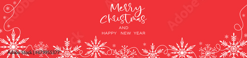 Holiday banner Merry Christmas and Happy New Year on a red background.