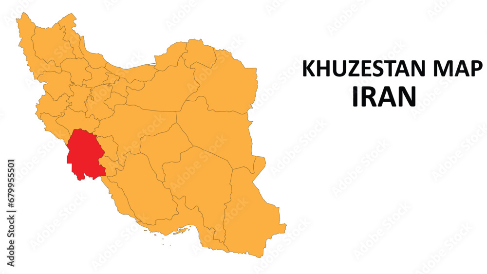Iran Map. Khuzestan Map highlighted on the Iran map with detailed state and region outlines.