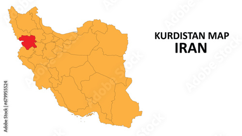 Iran Map. Kurdistan Map highlighted on the Iran map with detailed state and region outlines.