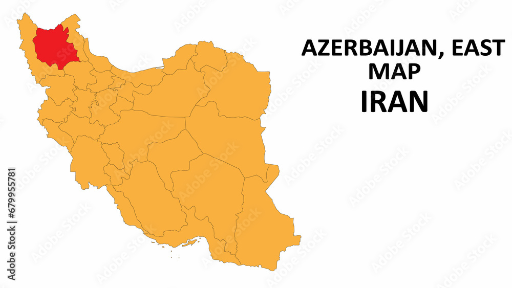 Iran Map. Azerbaijan Map highlighted on the Iran map with detailed state and region outlines.