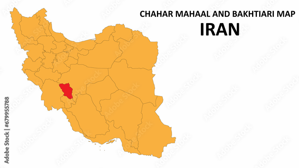 Iran Map. Chahar Mahaal and Bakhtiari Map highlighted on the Iran map with detailed state and region outlines.