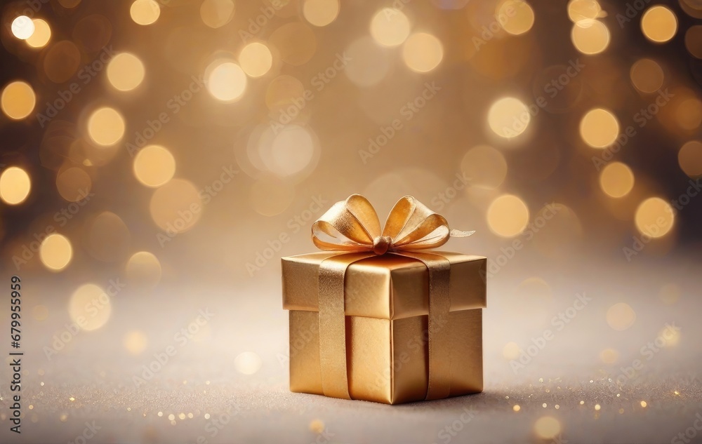Christmas gift box with golden bow and decoration on bokeh background Christmas gift box with golden bow and decoration on bokeh background