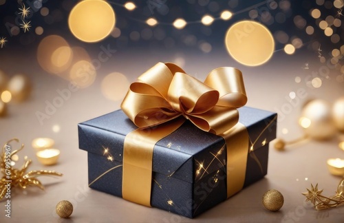 Christmas gift box with golden bow and decoration on bokeh background