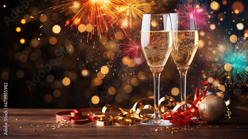 Celebration banner or announcement with two champagne glasses and fireworks and ribbons photo