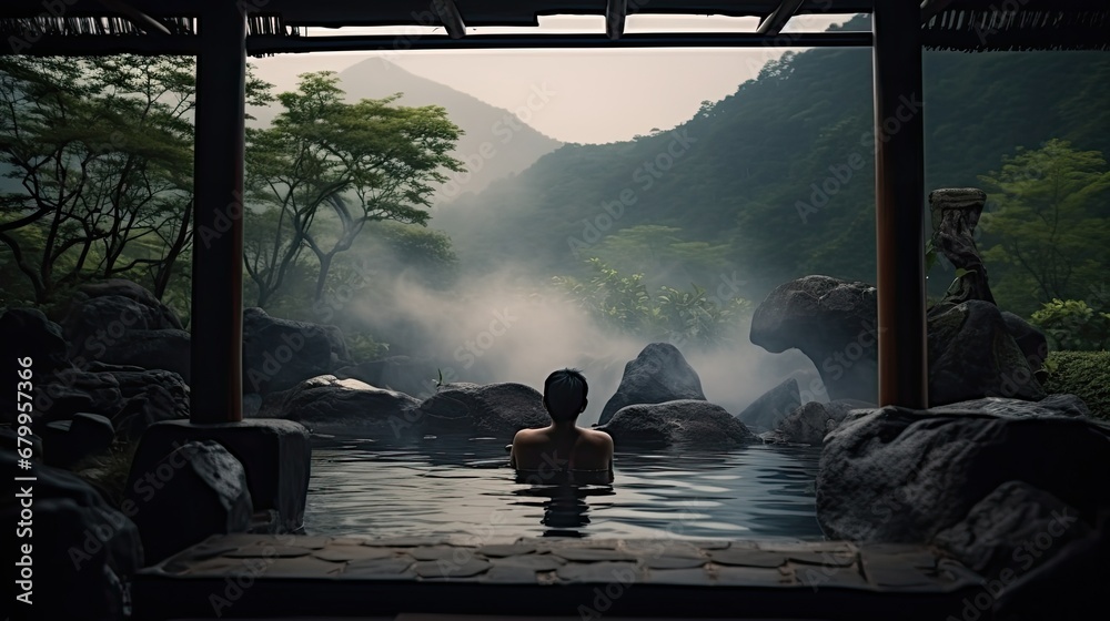one man in outdoor hot spring - obrazy, fototapety, plakaty 
