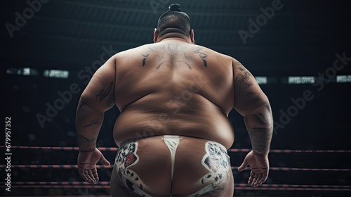 Rear view of Japanese Sumo wrestler. Traditional sport in Japan