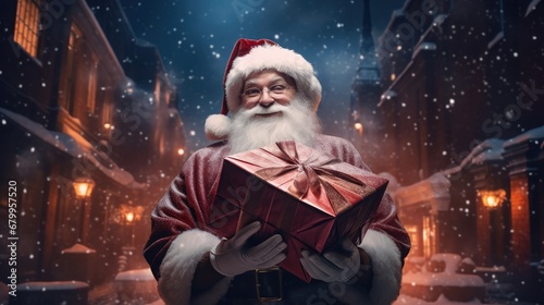 Portrait of Santa Claus holding a gift box in his hands. Christmas and New Year concept
