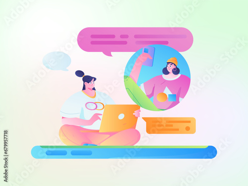 Virtual characters social communication concept business flat vector hand drawn illustration
