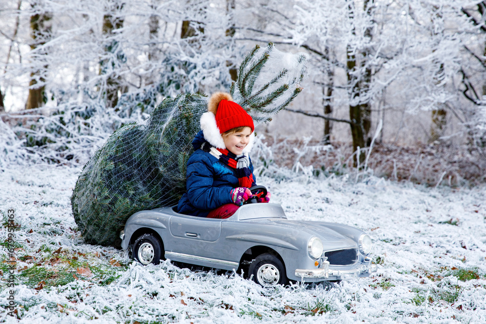 Happy little smiling girl driving toy car with Christmas tree. Funny preschool child in winter clothes bringing hewed xmas tree from snowy forest. Family, tradition, holiday.