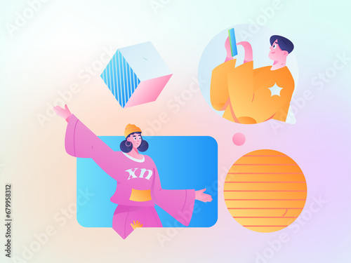 Virtual characters social communication concept business flat vector hand drawn illustration
