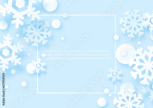 Silhouette snow flakes in paper cut style on square frame and example texts and blue paper pattern background. Christmas and new year greeting card celebration in vector design.
