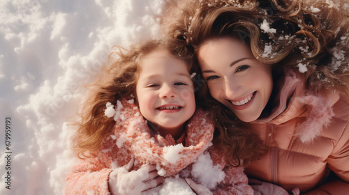 Cheerful mother and daughter having fun laying in snow outdoors in city park in winter