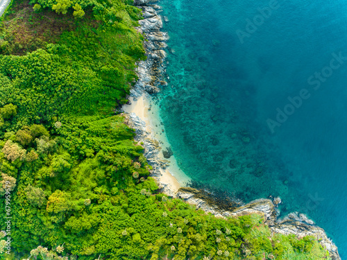 Aerial view seashore with mountains at Phuket Thailand, Beautiful seacoast view at open sea in summer season,Nature Environment and Travel background