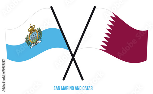 San Marino and Qatar Flags Crossed And Waving Flat Style. Official Proportion. Correct Colors.