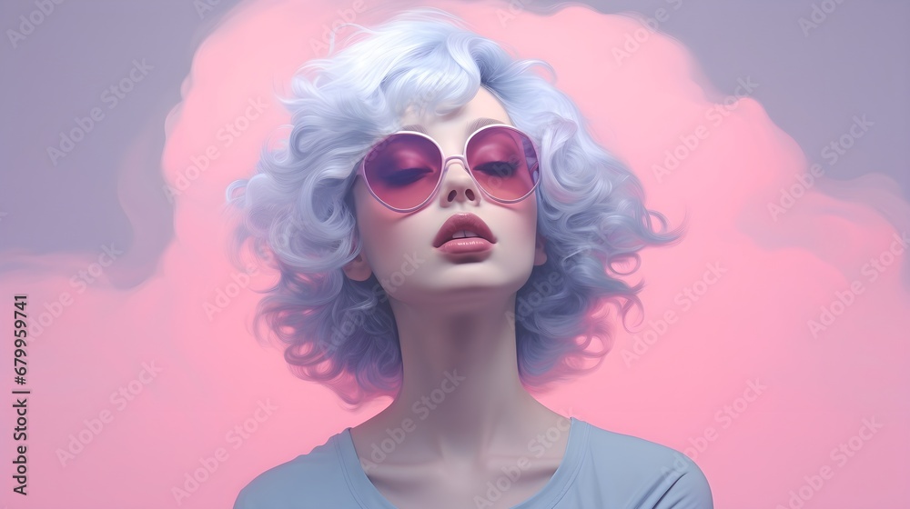Surreal Portrait of Woman with Sunglasses on Pink-Purple Gradient Background. Dreamy Portrait of White-Haired Woman with Pink Background. Woman with Blue Hair and Pink-Purple Sky. Generative AI