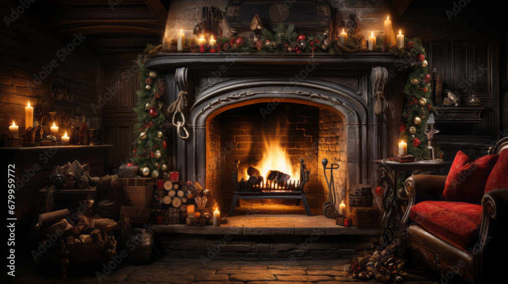A cosy hearth: A blazing fireplace with a beautifully decorated mantle, hanging stockings and a soft armchair nearby. A cosy hearth: A blazing fireplace with a beautifully decorated mantle, hanging stockings and a soft armchair nearby.