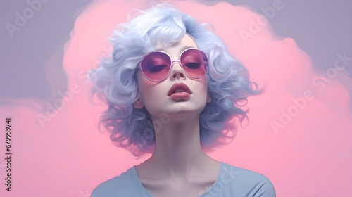 Surreal Portrait of Woman with Sunglasses on Pink-Purple Gradient Background. Dreamy Portrait of White-Haired Woman with Pink Background. Woman with Blue Hair and Pink-Purple Sky. Generative AI