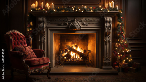 A cosy hearth  A blazing fireplace with a beautifully decorated mantle  hanging stockings and a soft armchair nearby. 