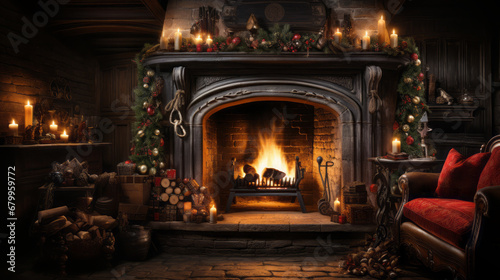 A cosy hearth: A blazing fireplace with a beautifully decorated mantle, hanging stockings and a soft armchair nearby. 