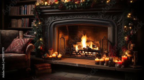 A cosy hearth: A blazing fireplace with a beautifully decorated mantle, hanging stockings and a soft armchair nearby. 