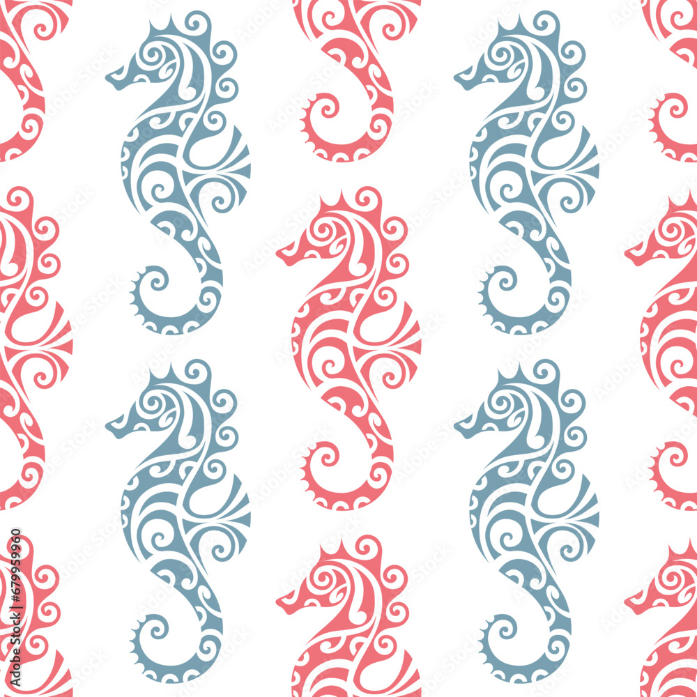 seamless pattern with seahorse maori style. Blue and coral colors - obrazy, fototapety, plakaty 