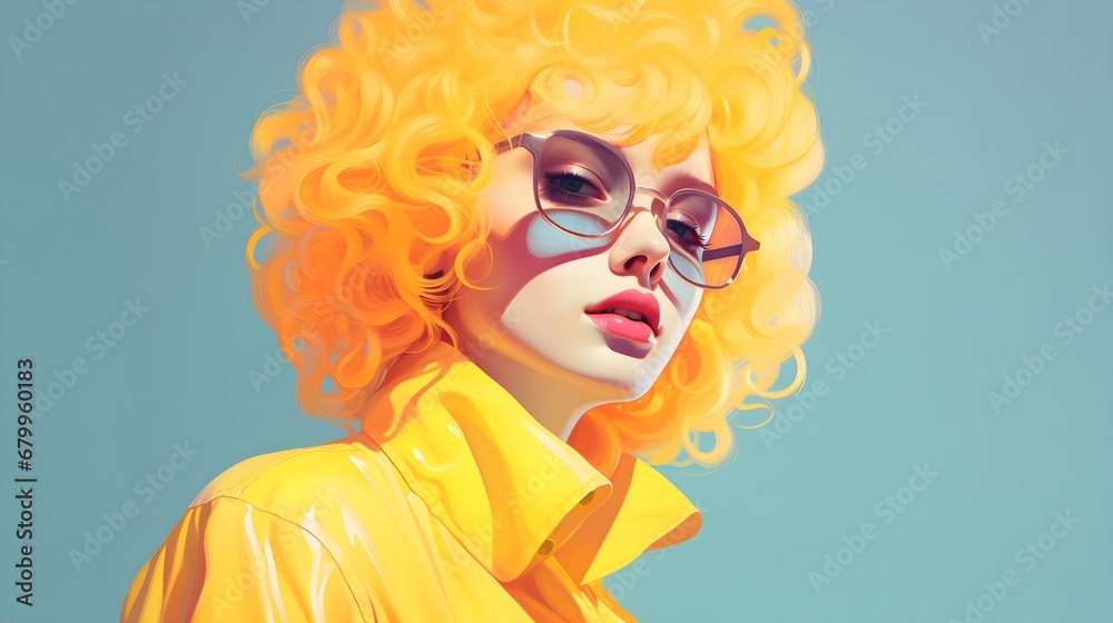 A Beautiful portrait of a Woman with Curly Golden Hair and Sunglasses. Generative AI