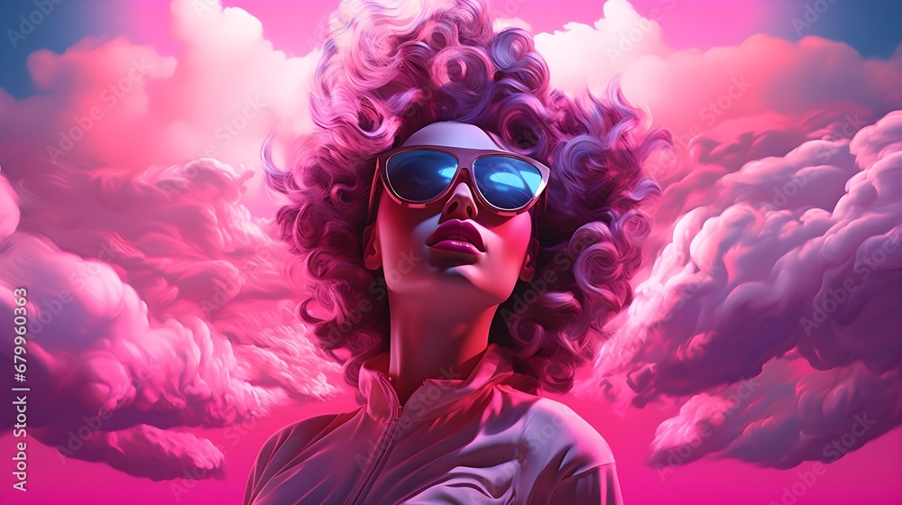 A Portrait in the Cloudscape: A Surreal Portrait of Model with Curly Hair and Fancy Sunglasses. Generative AI
