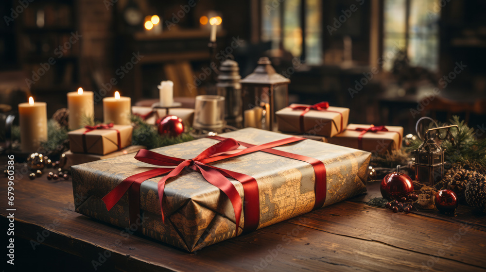 The gift wrapping process: Top of the table where gifts are being wrapped. Wrapping paper, ribbons, scissors and tape are scattered on the table, creating an atmosphere of creative clutter and festive The gift wrapping process: Top of the table where gifts are being wrapped. Wrapping paper, ribbons, scissors and tape are scattered on the table, creating an atmosphere of creative clutter and festive