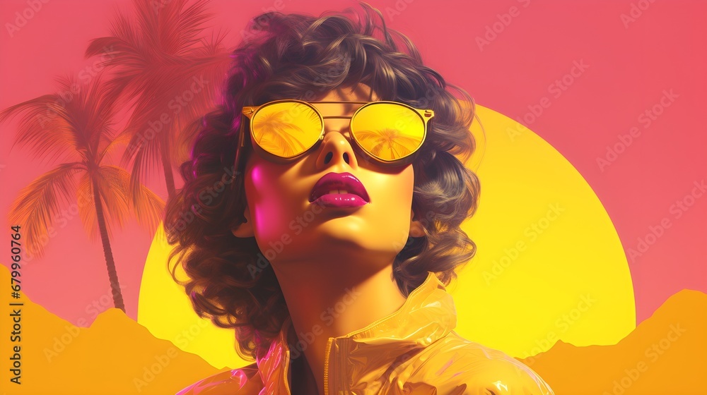 A Retro Styled Woman with Palm Trees and a Sunset Background. A Woman with a Sunglasses and a Retro Hairdo on a Sunset Background with Palm Trees. Generative AI A Retro Styled Woman with Palm Trees and a Sunset Background. A Woman with a Sunglasses and a Retro Hairdo on a Sunset Background with Palm Trees. Generative AI