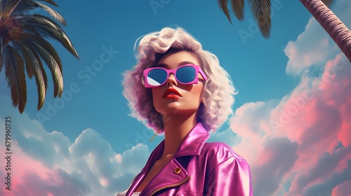 Tropical Elegance: A Figure With Sunglasses Amidst Palm Trees and Cotton Candy Skies. Generative AI photo