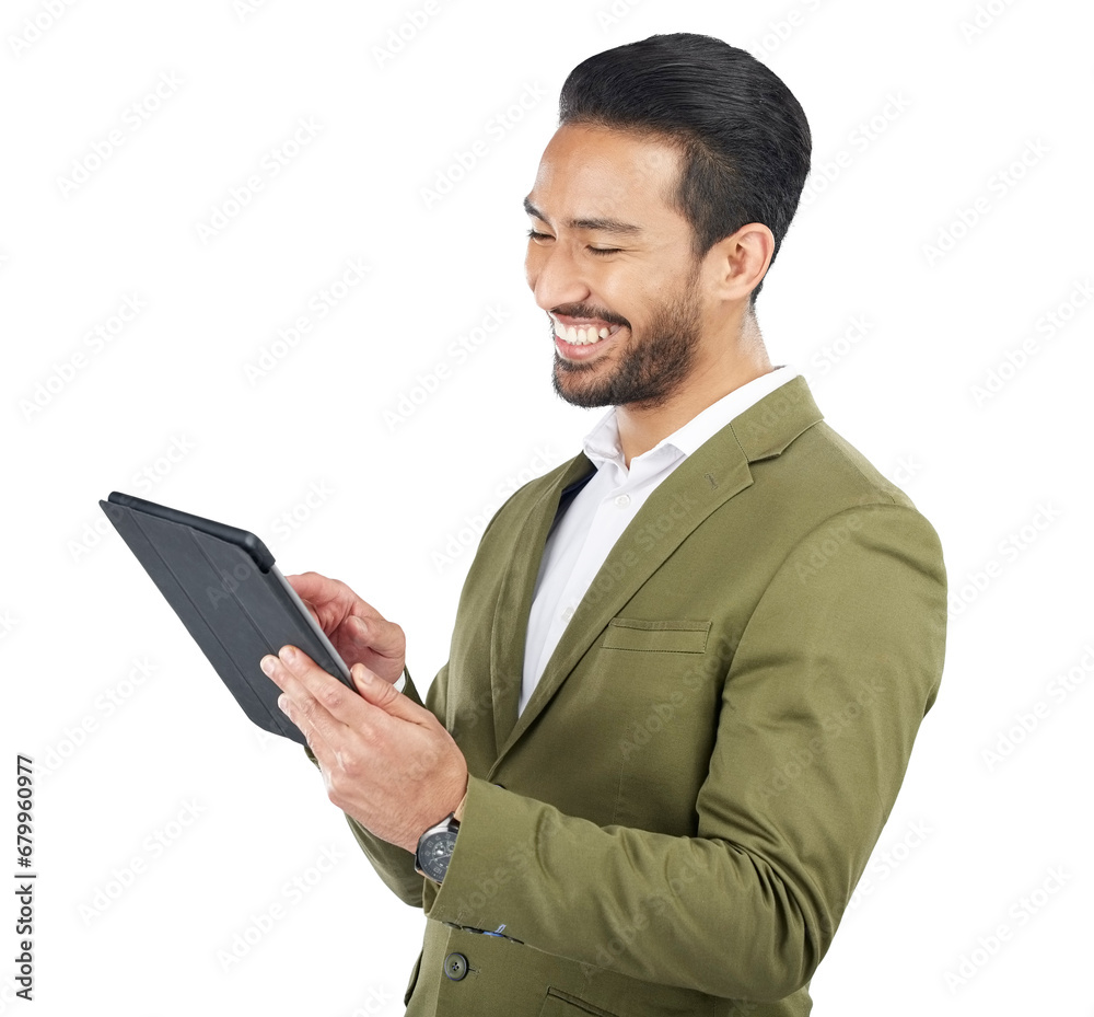 Businessman, smile and reading on tablet for social media, email and announcement on website. Asian person, face or excited emoji for online consultation on isolated or transparent png background