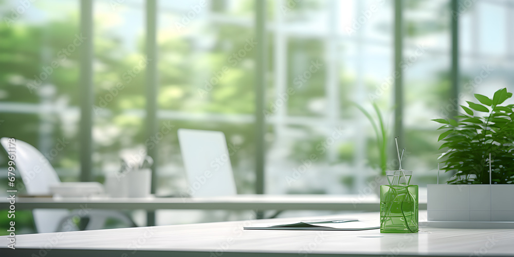 Fototapeta premium Interior of modern office with green plants office desk in the style of simplistic