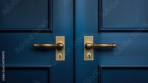 A blue door with a brass handle on dark blue black background