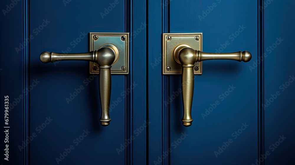 A blue door with a brass handle on dark blue black background A blue door with a brass handle on dark blue black background