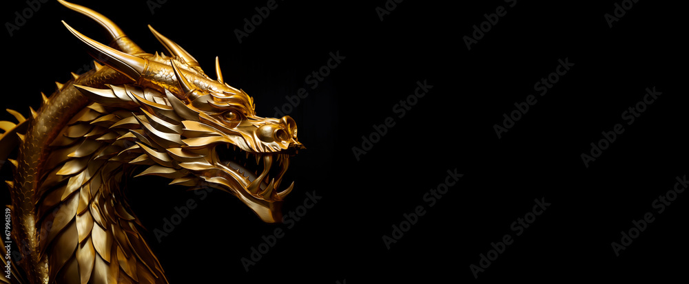 Chinese zodiac golden dragon isolated on black, Year of the Dragon - obrazy, fototapety, plakaty 