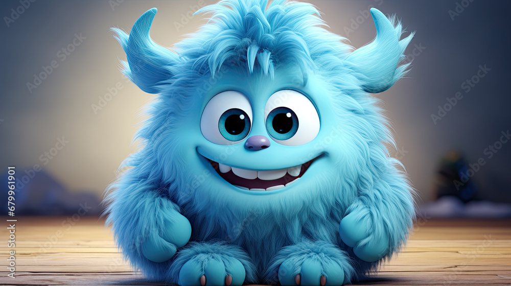 Fototapeta premium Cute blue furry monster 3D cartoon character
