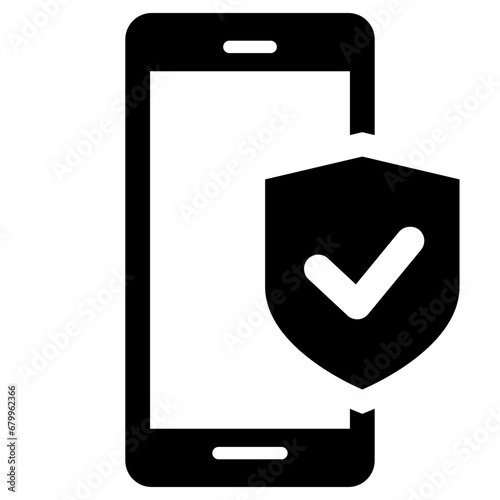 Black single mobile protection fill icon, simple digital theft defence flat design pictogram, infographic vector for app logo web website button ui ux interface element isolated on white background