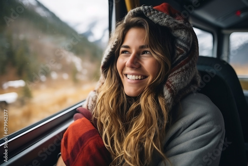 Portrait of young woman in her van looking out the window and enjoying the view towards the snowy mountains